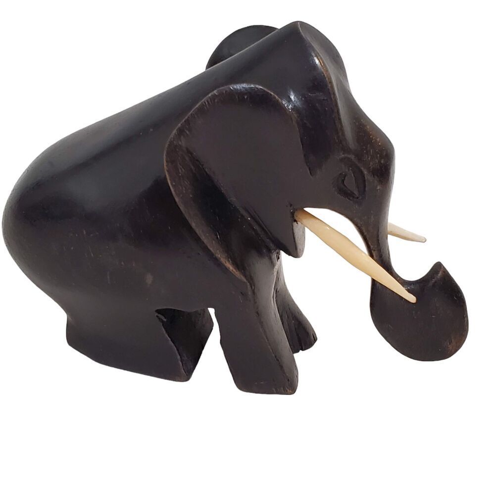 Hand Carved Wooden Elephant 4 Inches tall Removable Tusks Dark Brown to black